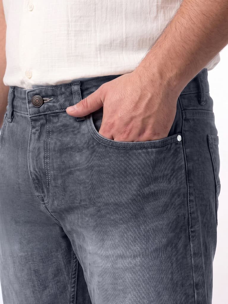 Plus Men's Grey Relaxed Fit Washed Denim Jeans Non-Stretchable — photo 5