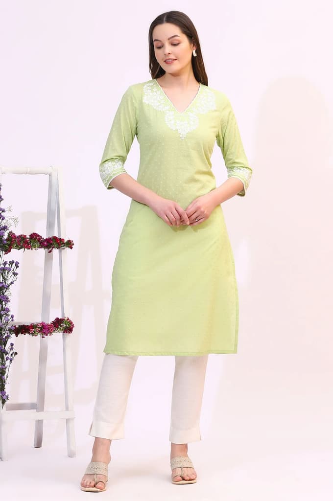 Pistachio Green Mirror Work Pure Cotton Straight Kurta — photo 3