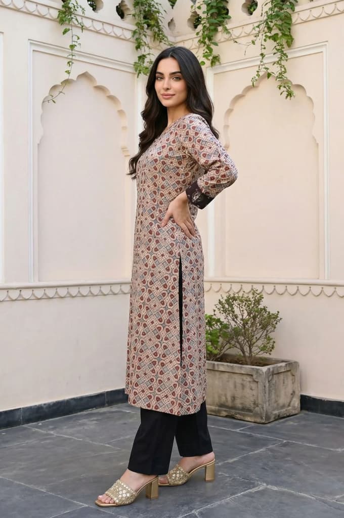 Beige Geometric Printed Sequins Satin Straight Kurta — photo 3