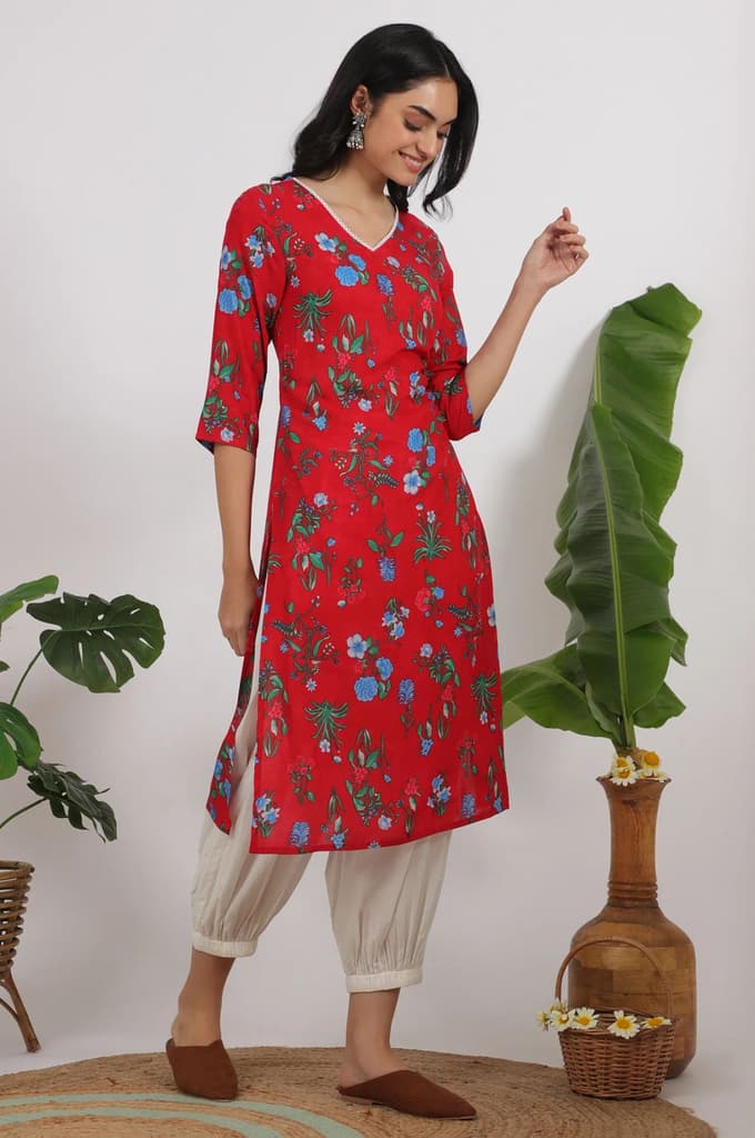 Red Bold Floral Printed Modal Straight Kurta — photo 7