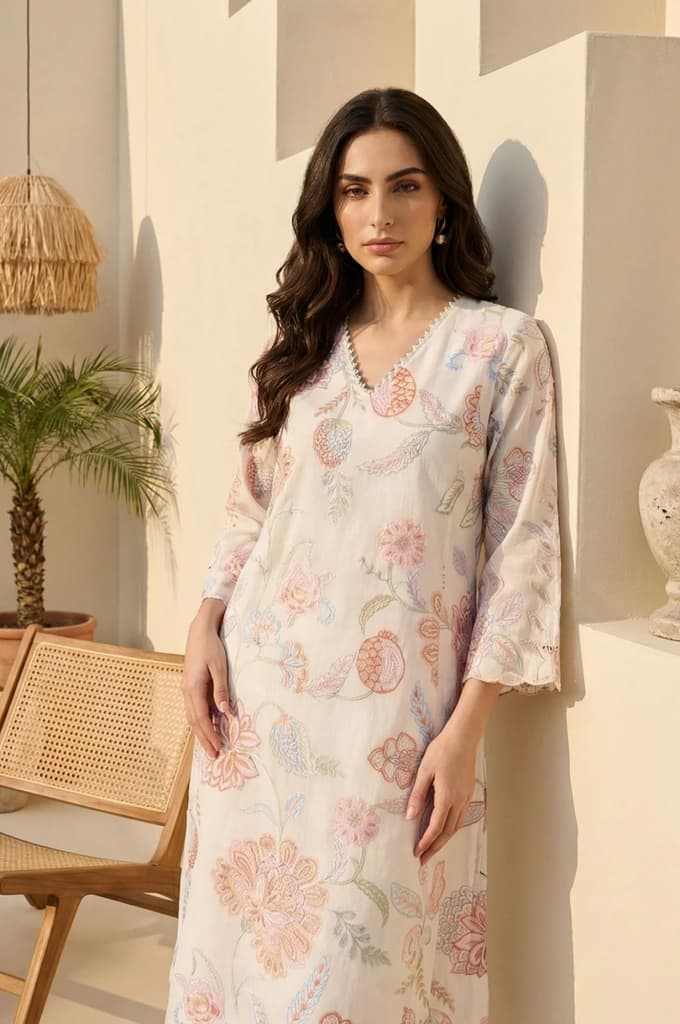 Off-White Schiffily Embroidered Floral Straight Kurta — photo 2