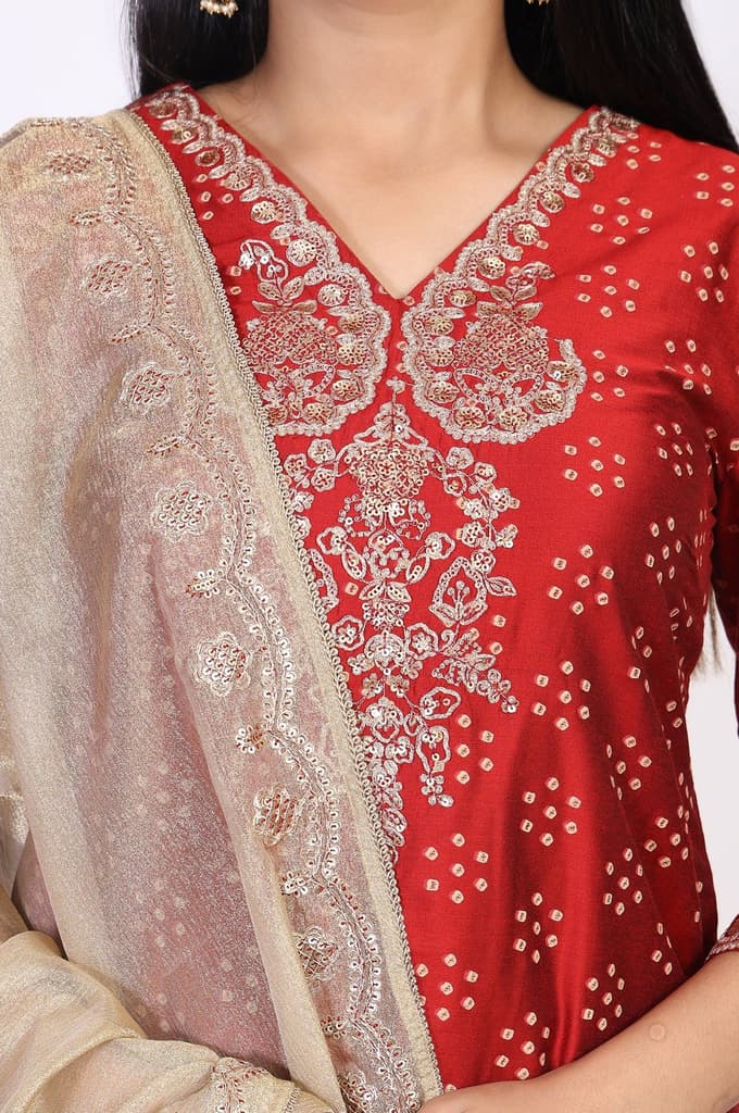 Red Embroidered Straight Art Silk Kurta with Sharara and Dupatta Set — photo 3