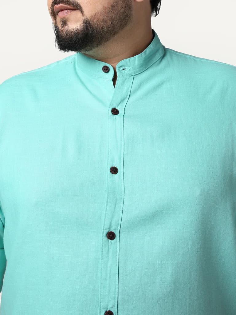 Plus Men's Light Teal Linen Blend Full Sleeve Relaxed Fit Mandarin Collar Casual Solid Shirt — photo 6