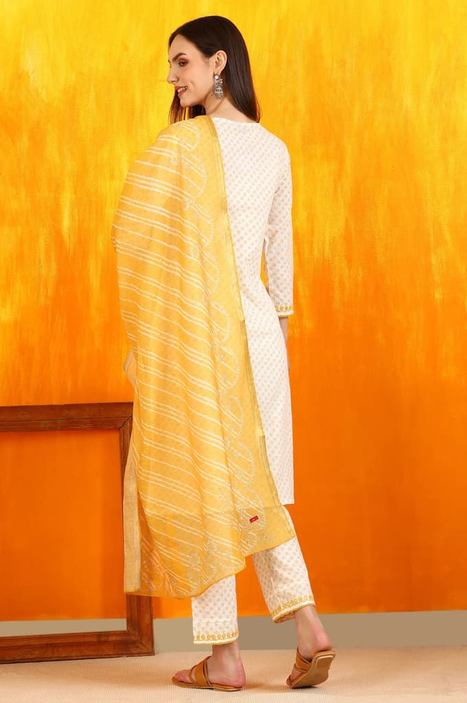 White Dot Printed Embroidered Pure Cotton Straight Kurta, Pants and Dupatta Set — photo 6