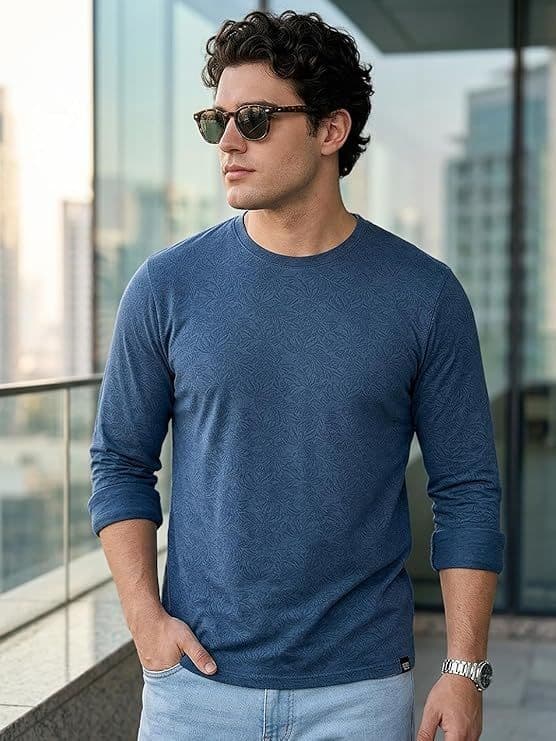 Men's Mood Indigo Printed Full Sleeve Slim Fit Cotton T-Shirt — S / Mood Indigo