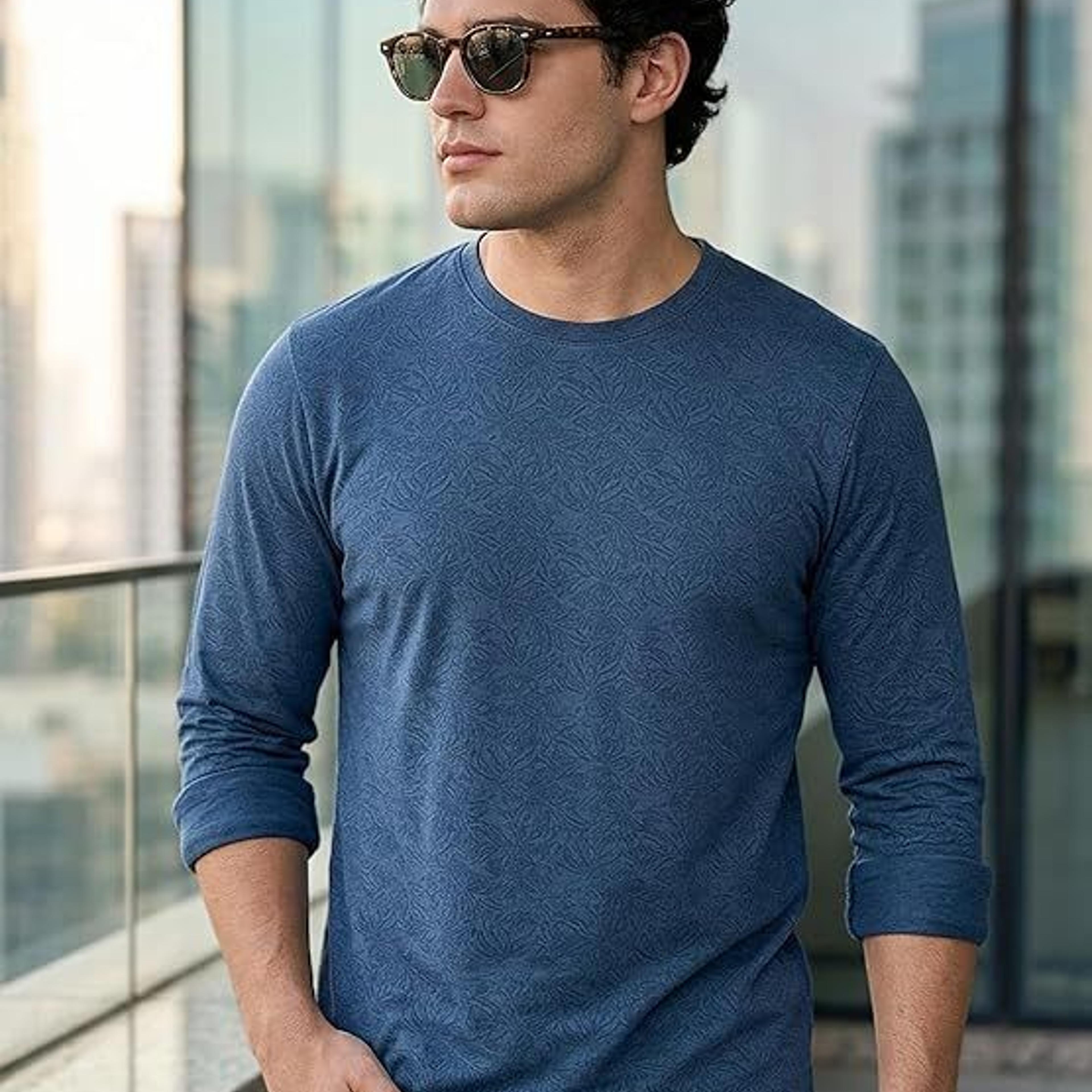 Men's Mood Indigo Printed Full Sleeve Slim Fit Cotton T-Shirt