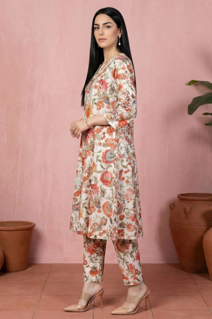 Off White Floral Printed Embroidered A-line Kurta — photo 4