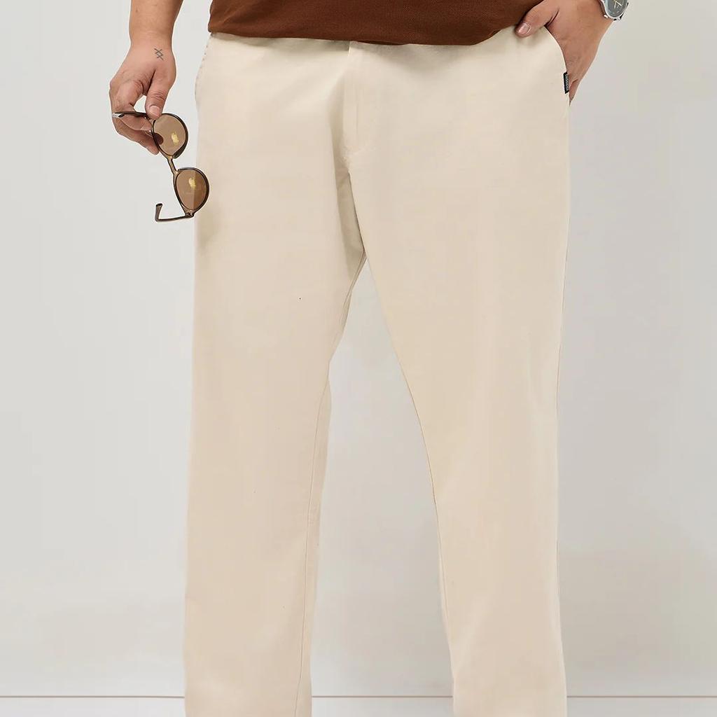 Plus Men's Cream Straight Fit Mid Rise Cotton Casual Chinos Trousers Stretch