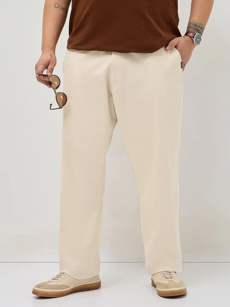 Plus Men's Cream Straight Fit Mid Rise Cotton Casual Chinos Trousers Stretch — 36 / Cream