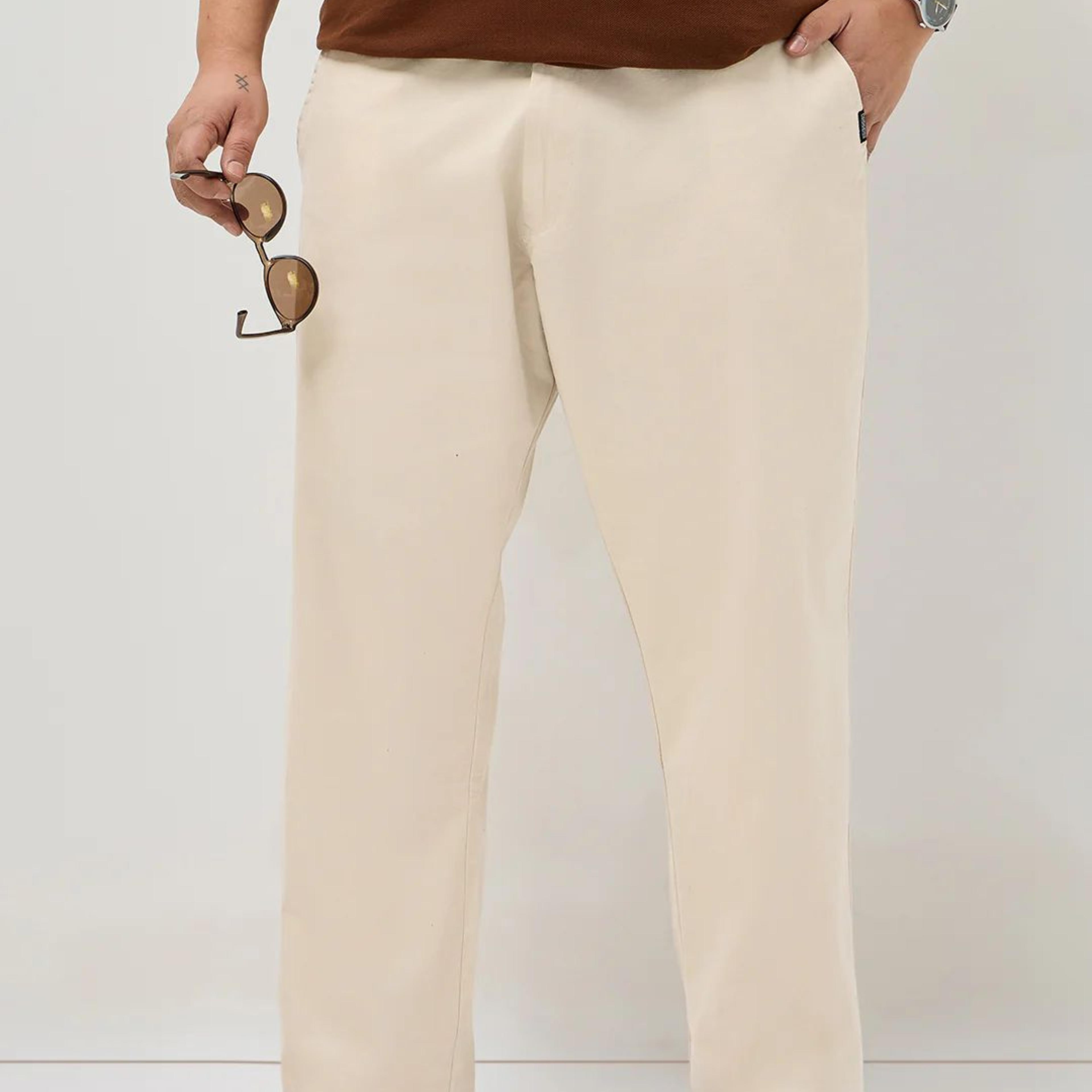 Plus Men's Cream Straight Fit Mid Rise Cotton Casual Chinos Trousers Stretch