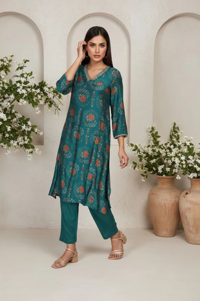 Teal Floral Printed Embellished A-Line Art Silk Kurta with Straight Pant Set — photo 4