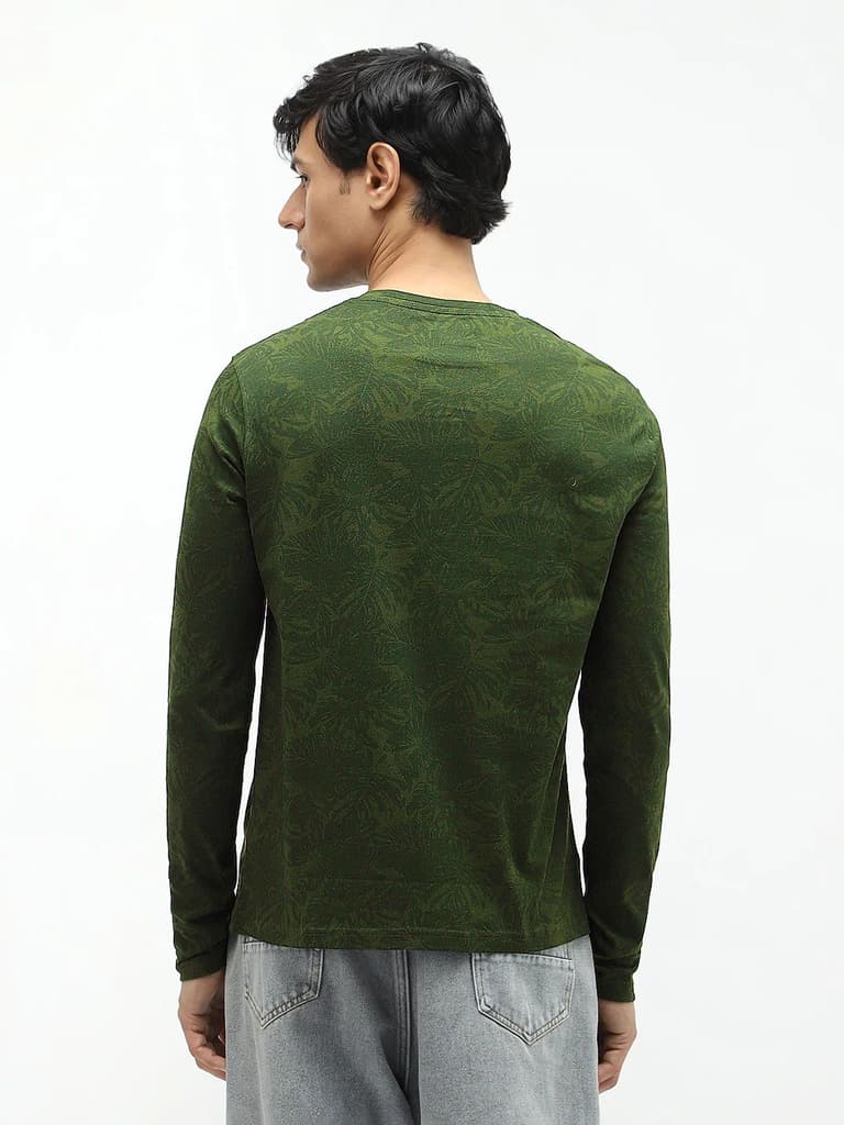 Men's Olive Green Printed Full Sleeve Slim Fit Cotton T-Shirt — photo 4