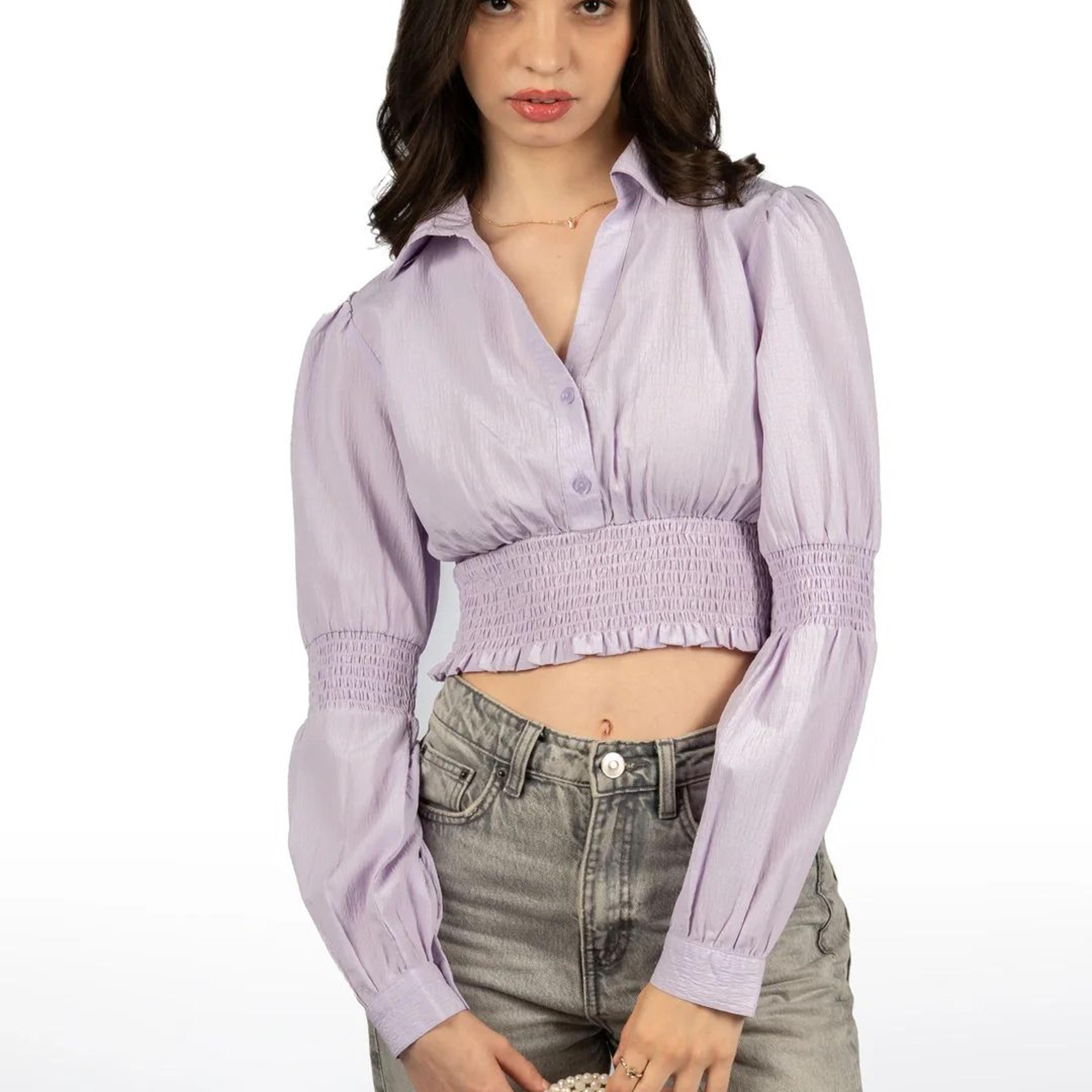 Lavender Solid Collared Crop Top