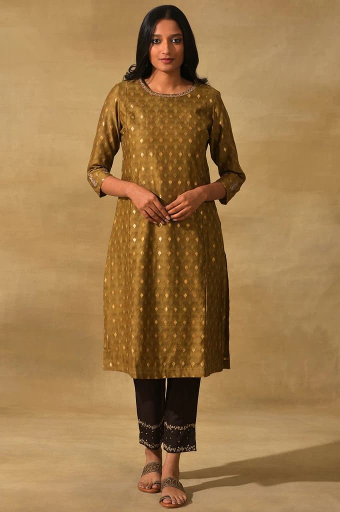 Brown Embroidered Viscose Silk Tussar Slim Pants — photo 6
