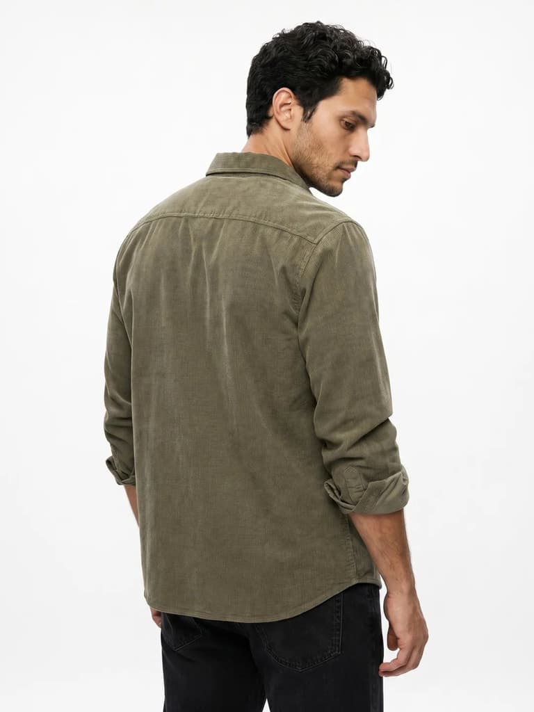 Men's Light Olive Corduroy Full Sleeve Regular Fit Solid Overshirt with Utility Pockets — photo 3