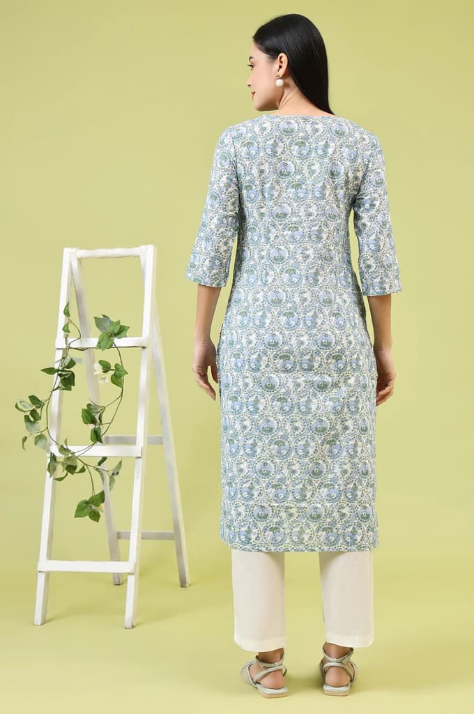 White and Blue Geometric Printed Pure Cotton Straight Kurta with Lace Detail — photo 5