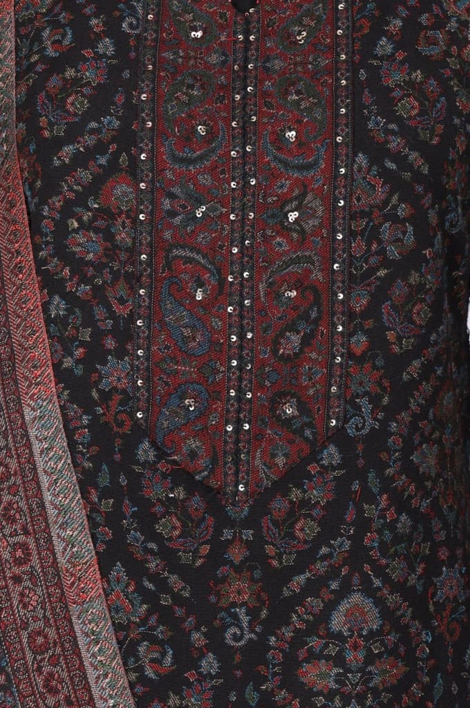 Black Paisley Yarn Dyed Winter Straight Kurta with Pants and Dupatta Set — photo 2