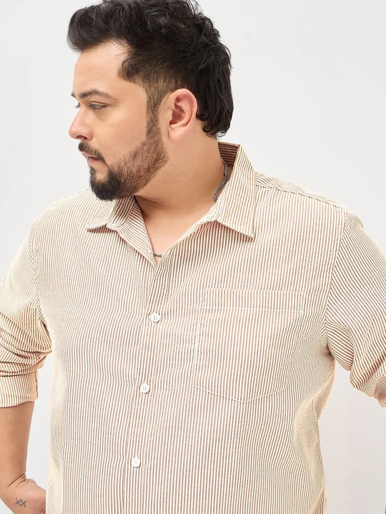 Plus Men's Pumpkin Spice Cotton Full Sleeve Regular Fit Casual Striped Shirt — photo 6
