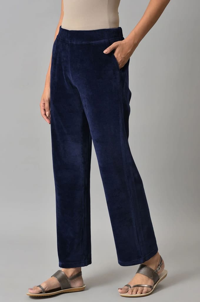 Navy Blue Solid Straight Fit Cotton Trousers With Elasticated Waist — photo 3