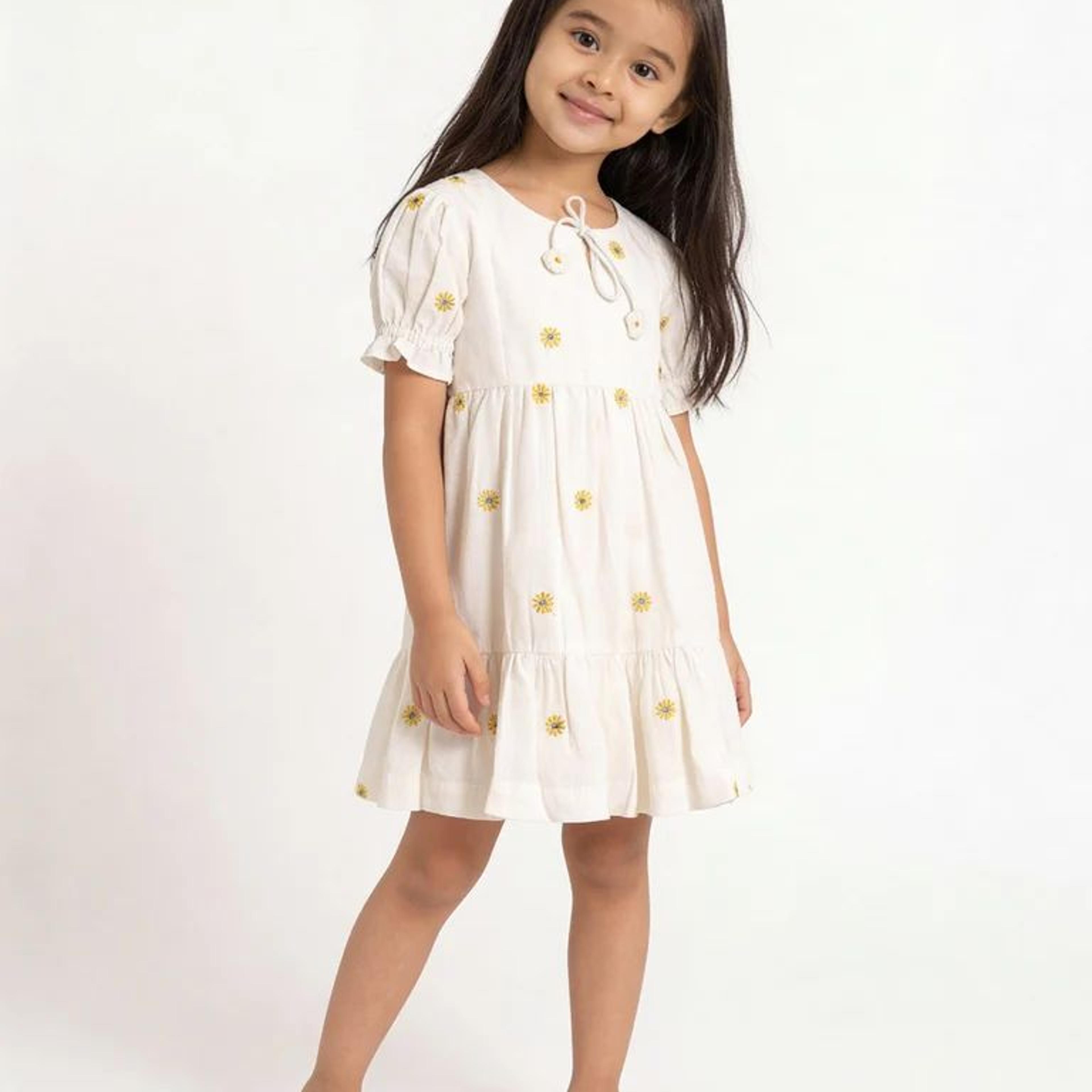 Utsa Kids Girls White Floral Embroidered Cotton-Blend Dress - (2-8 yrs)