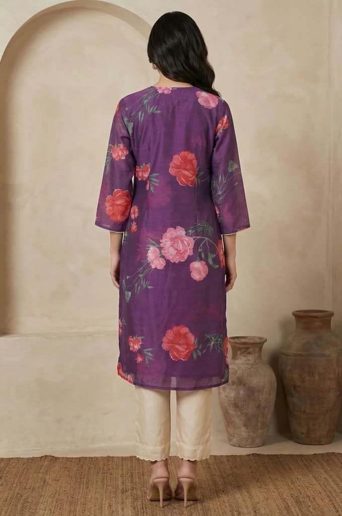 Purple Floral Printed Chanderi Straight Kurta — photo 5