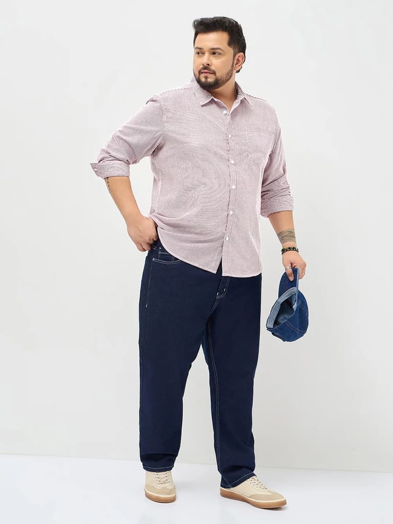 Plus Men's Maroon Cotton Full Sleeve Regular Fit Casual Striped Shirt — photo 5