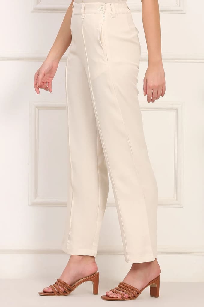 Beige Solid Straight Woven Pant Pant with YKK Zipper — photo 2