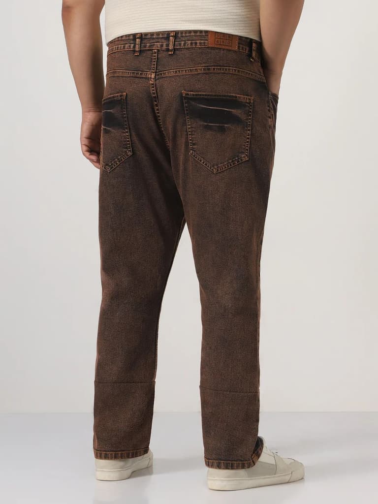 Plus Men's Light Brown Straight Fit Heavy Washed Jeans Stretchable — photo 3