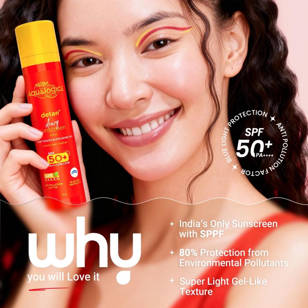 Detan+ Dewy Sunscreen In-Vivo Tested SPF 50+ PA++++ with Cherry Tomato & HA - 50 g