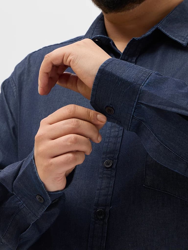 Plus Men's Dark Blue Regular Fit Full Sleeve Solid Denim Shirt — photo 7