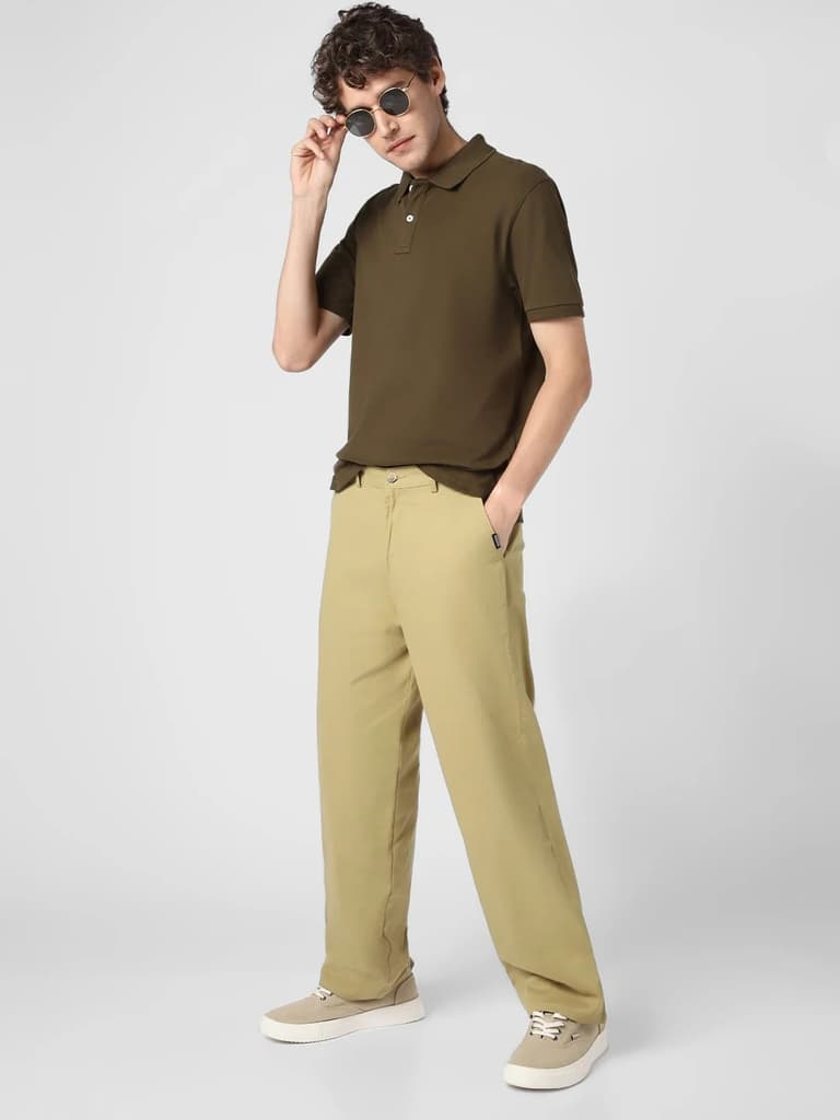 Men's Light Olive Loose Baggy Fit Solid Chino Trousers Non-Stretchable — photo 4