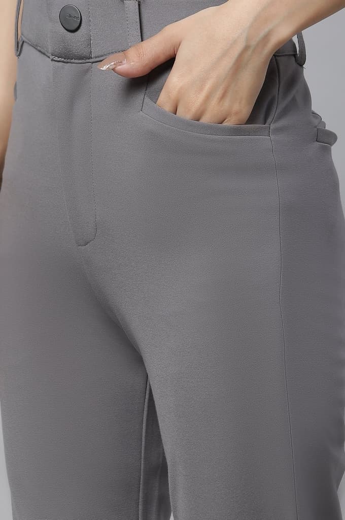 Grey Solid Slim Fit Pants With Front Zip — photo 6