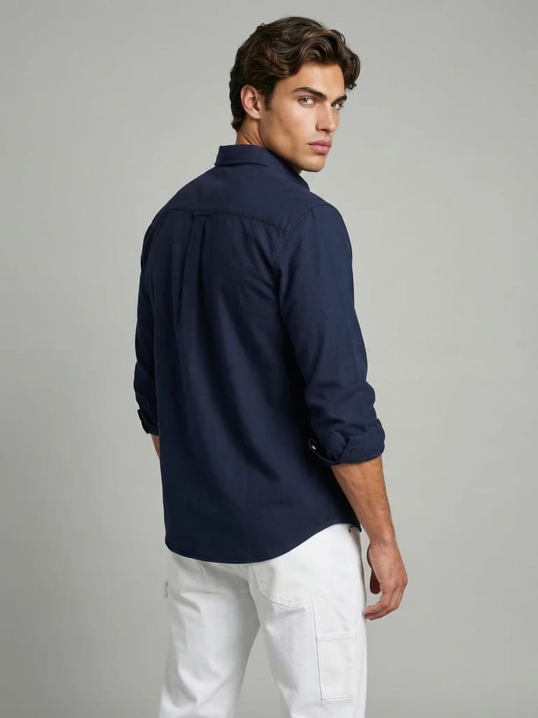 Men's Navy Cotton Full Sleeve Regular Fit Solid Oxford Shirt With Button-Down Collar — photo 3