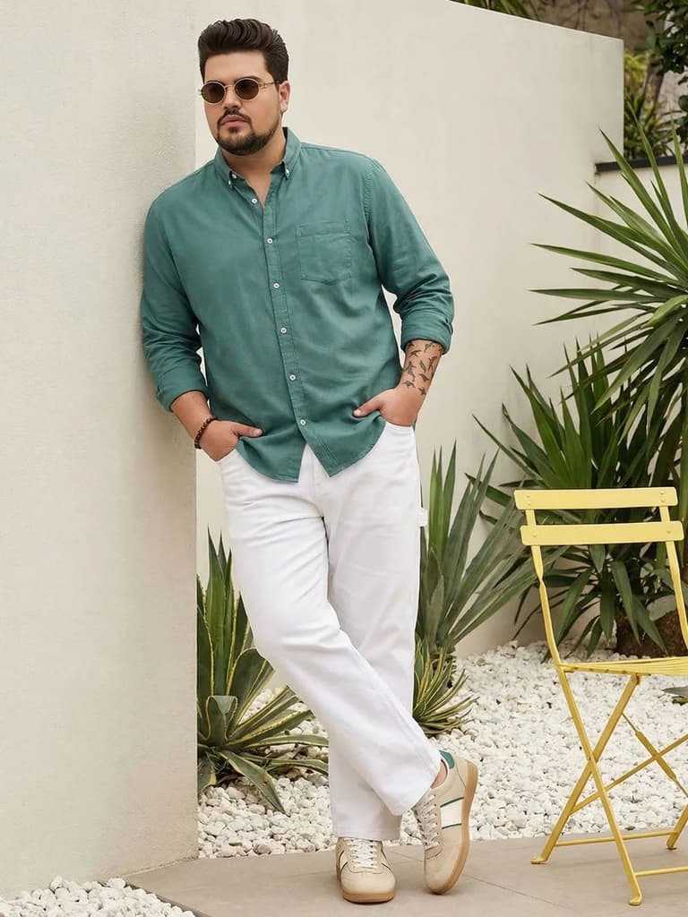 Plus Men's Teal Green Cotton Full Sleeve Regular Fit Solid Oxford Shirt With Button-Down Collar — photo 4