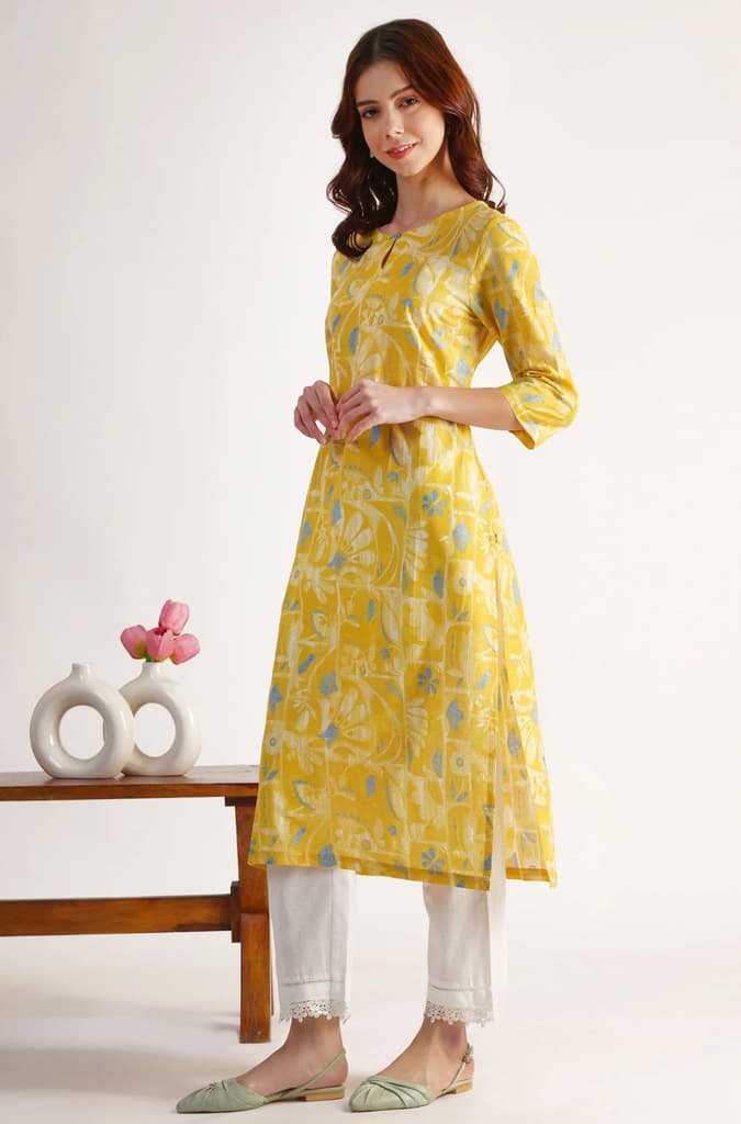 Yellow Floral Printed Straight Pure Cotton Kurta — photo 5