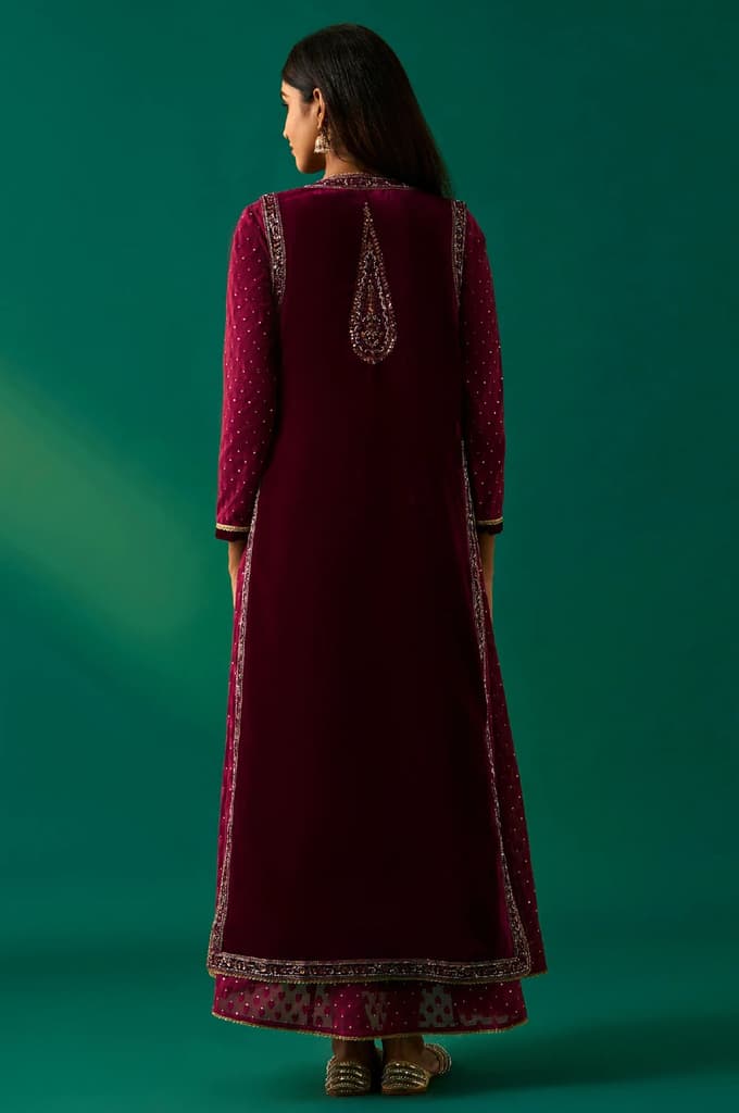 Maroon Embroidered Anarkali Georgette Gilet with Dress and Churidar Set — photo 4