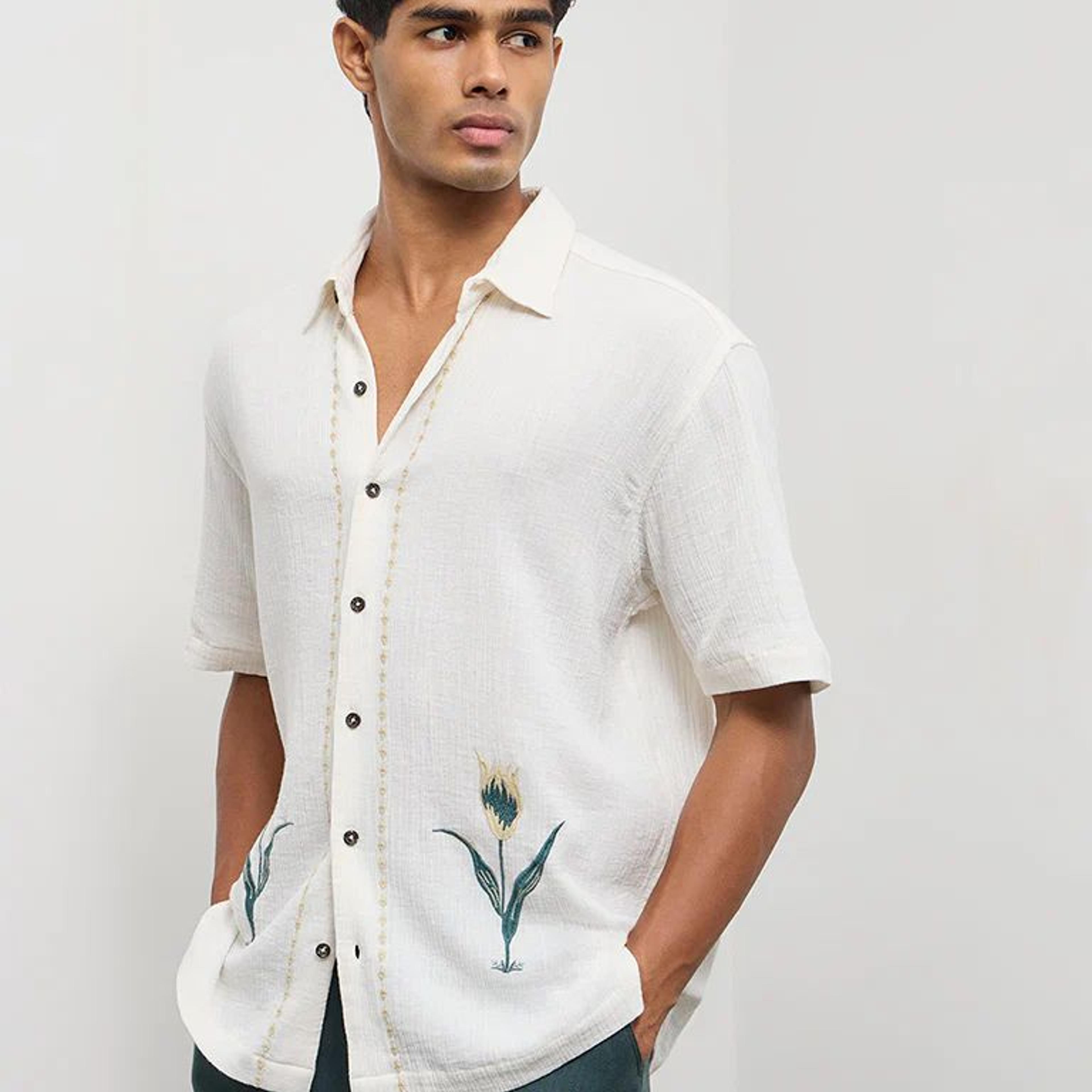 ETA Off-White Floral Embroidered Relaxed-Fit Cotton Shirt