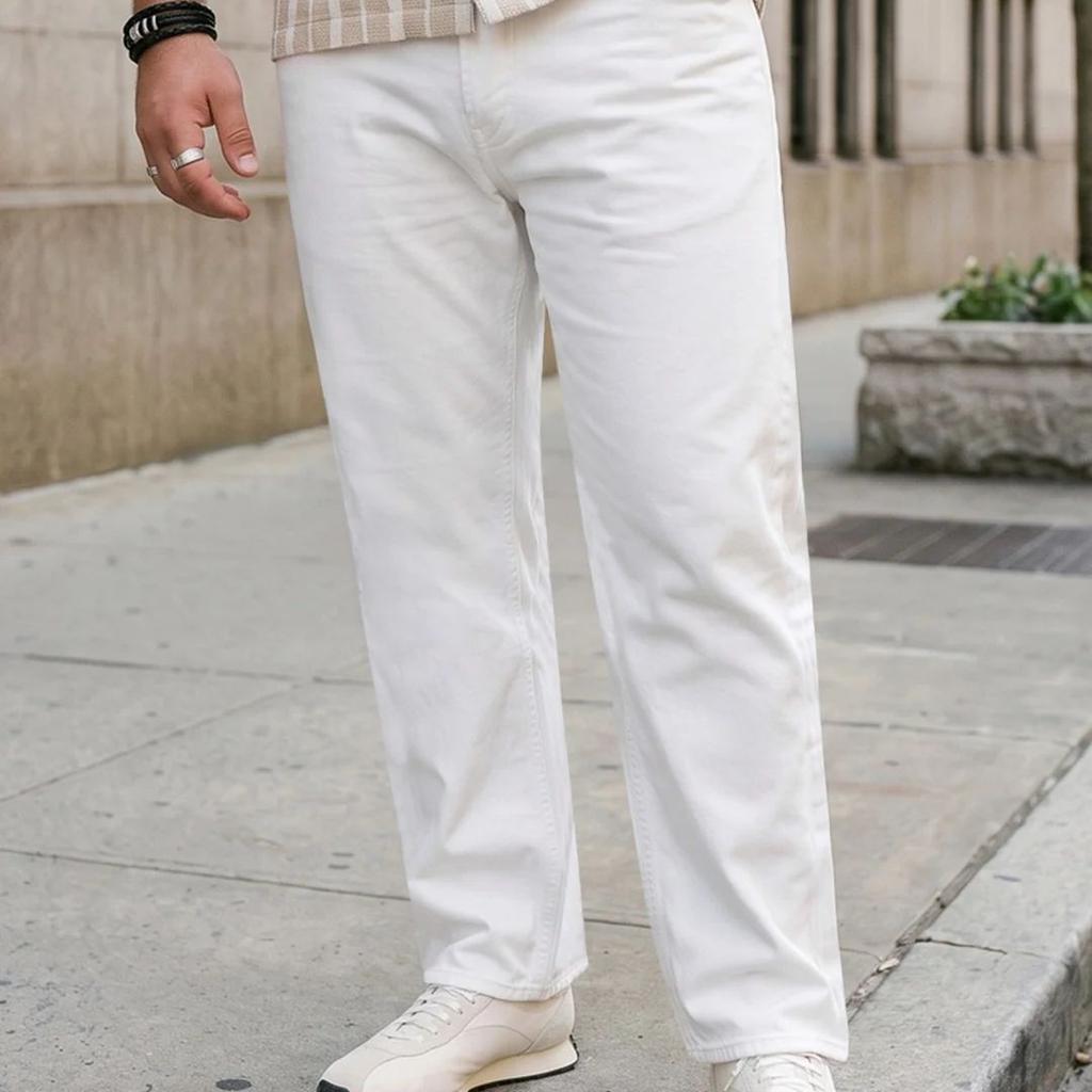 Plus Men's White Relaxed Fit Washed Denim Jeans Non-Stretchable