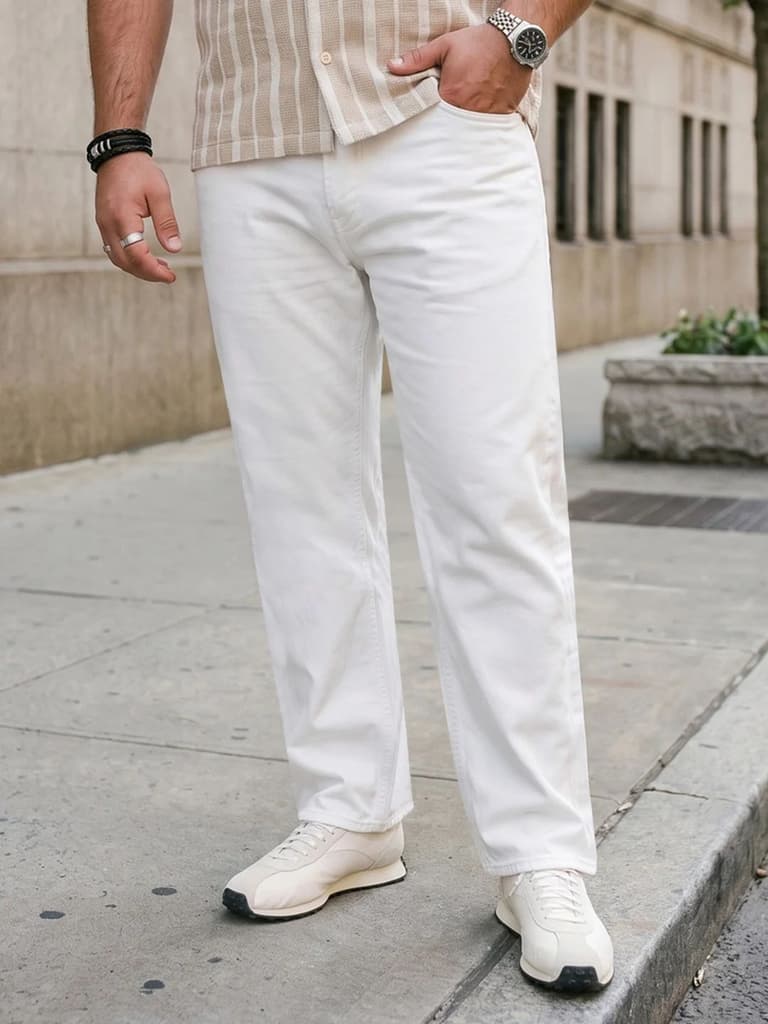 Plus Men's White Relaxed Fit Washed Denim Jeans Non-Stretchable