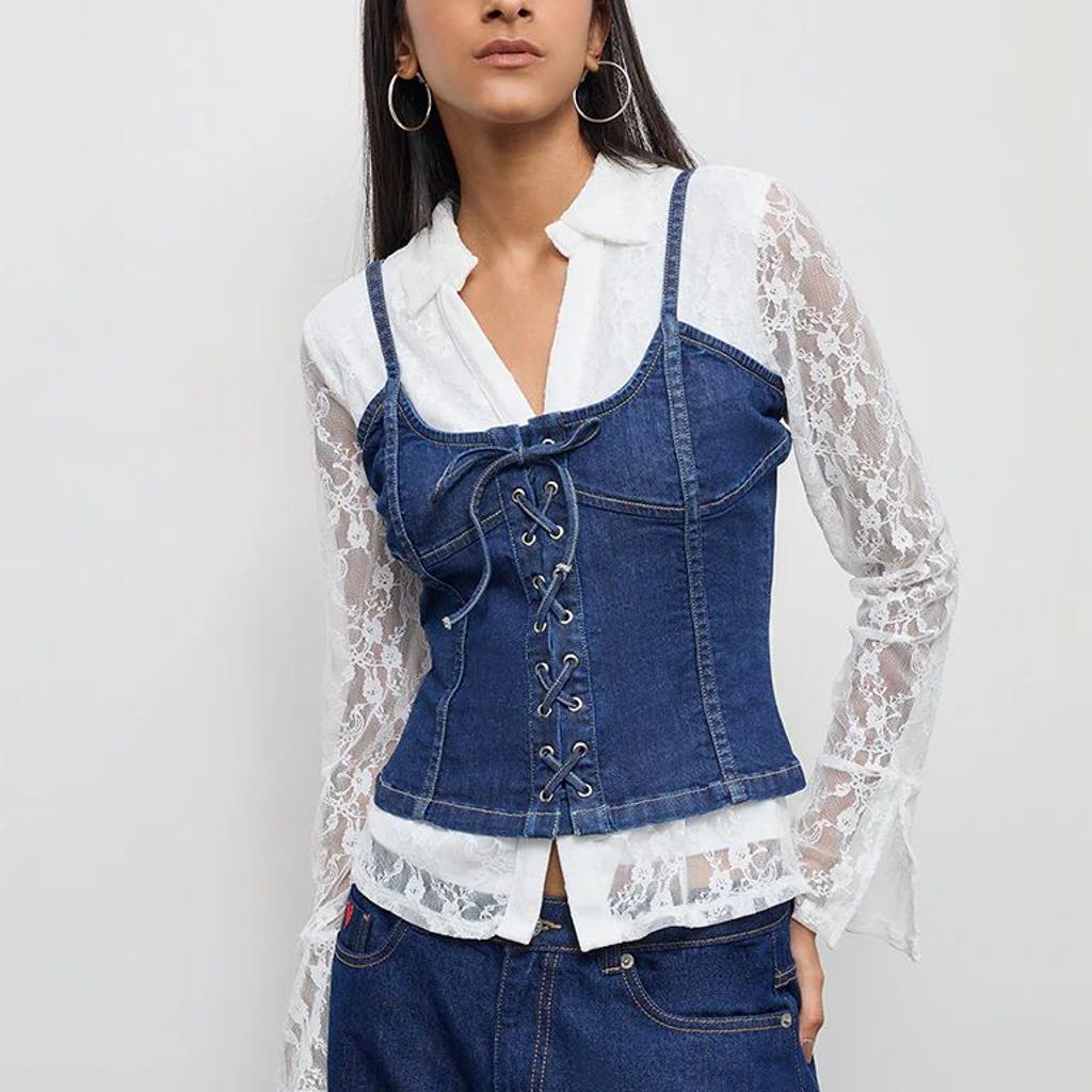 Nuon Dark Blue Corset-Style Denim Top