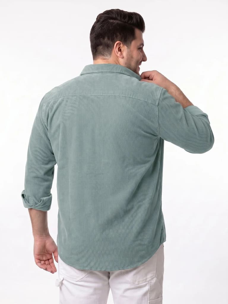Plus Men's Light Blue Corduroy Full Sleeve Regular Fit Solid Overshirt with Utility Pockets — photo 3