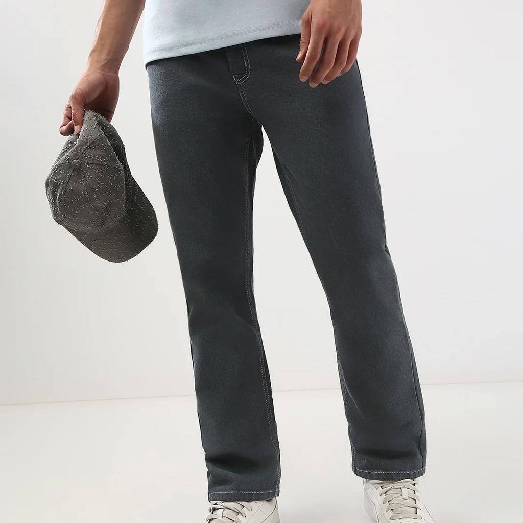 Men's Grey Straight Fit Washed Jeans Stretchable