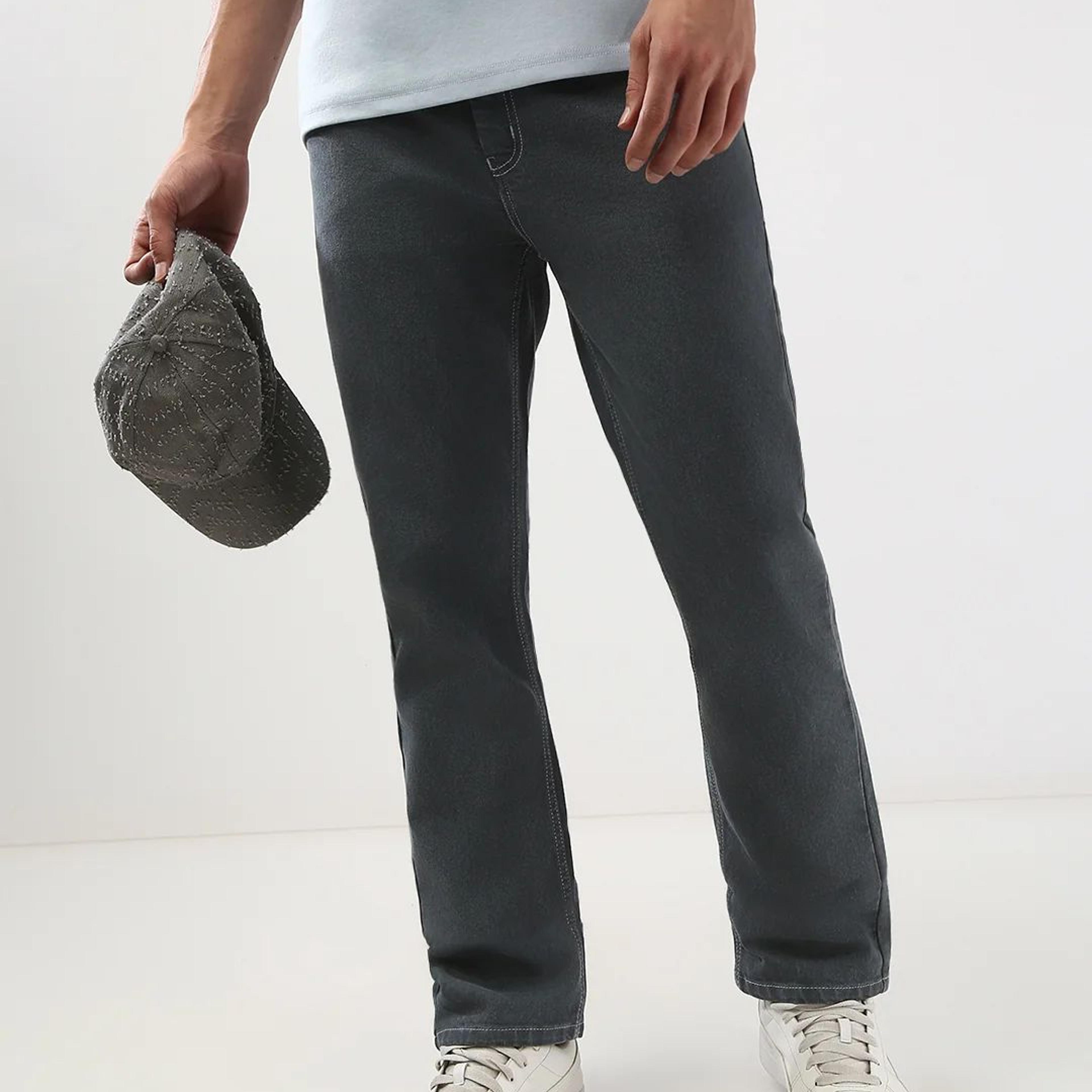 Men's Grey Straight Fit Washed Jeans Stretchable