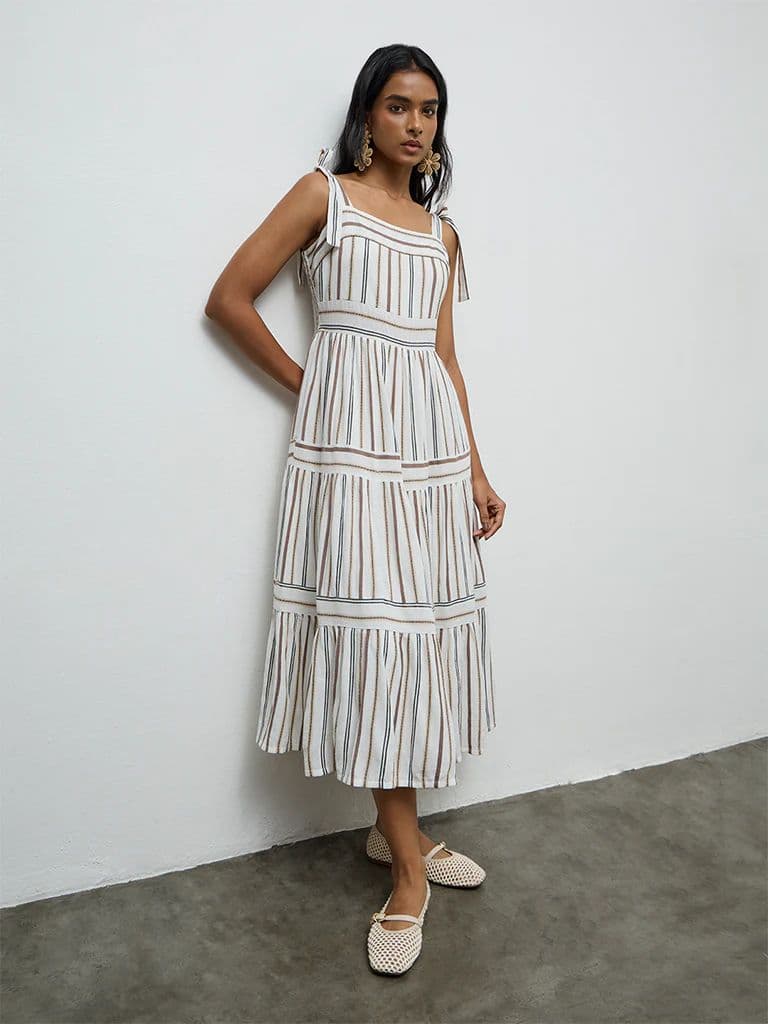 LOV Off-White Striped Cotton-Blend Tiered Dress — photo 2