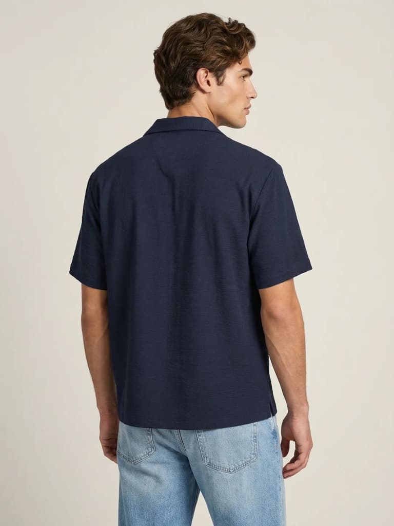 Men's Navy Cotton Half Sleeve Relaxed Fit Textured Shirt with Cuban Collar — photo 3
