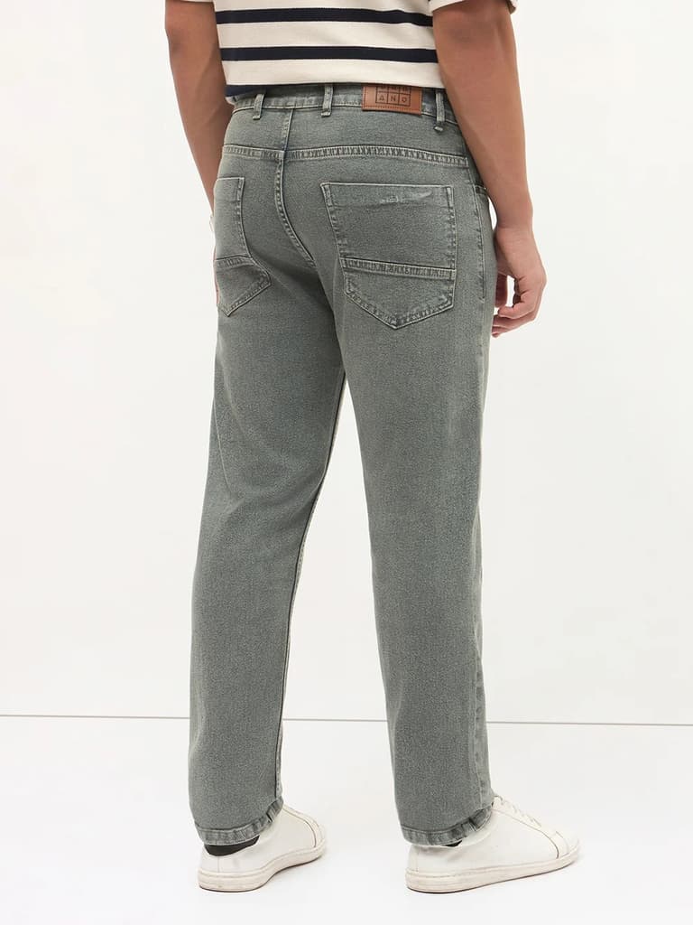Men's Light Grey Regular Fit Towel Washed Yellow Tint Denim Jeans Stretchable — photo 4