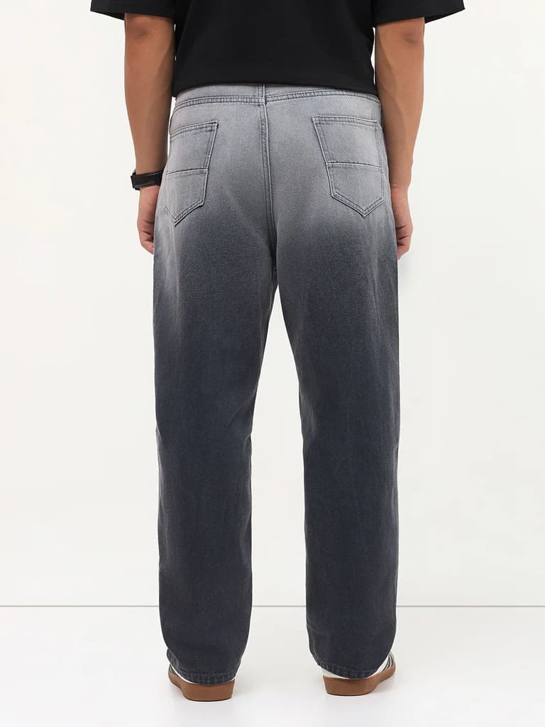 Men's Dark Grey Loose Baggy Fit Heavy Washed Faded Denim Jeans Non-Stretchable — photo 3