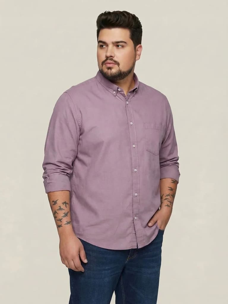 Plus Men's Lilac Cotton Full Sleeve Regular Fit Solid Oxford Shirt With Button-Down Collar — photo 2