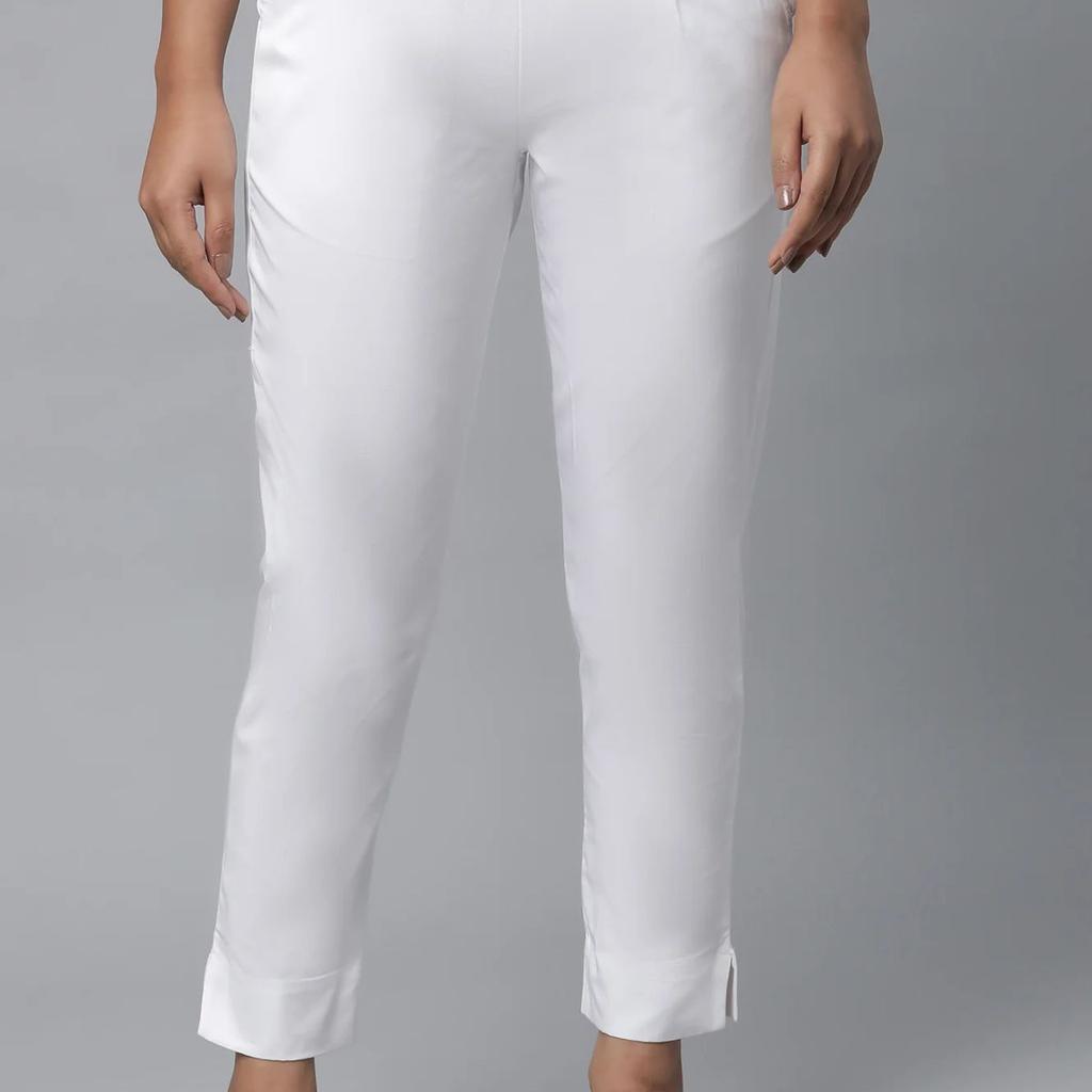 White Solid Straight Fit Cotton Pants With Elasticated Waist