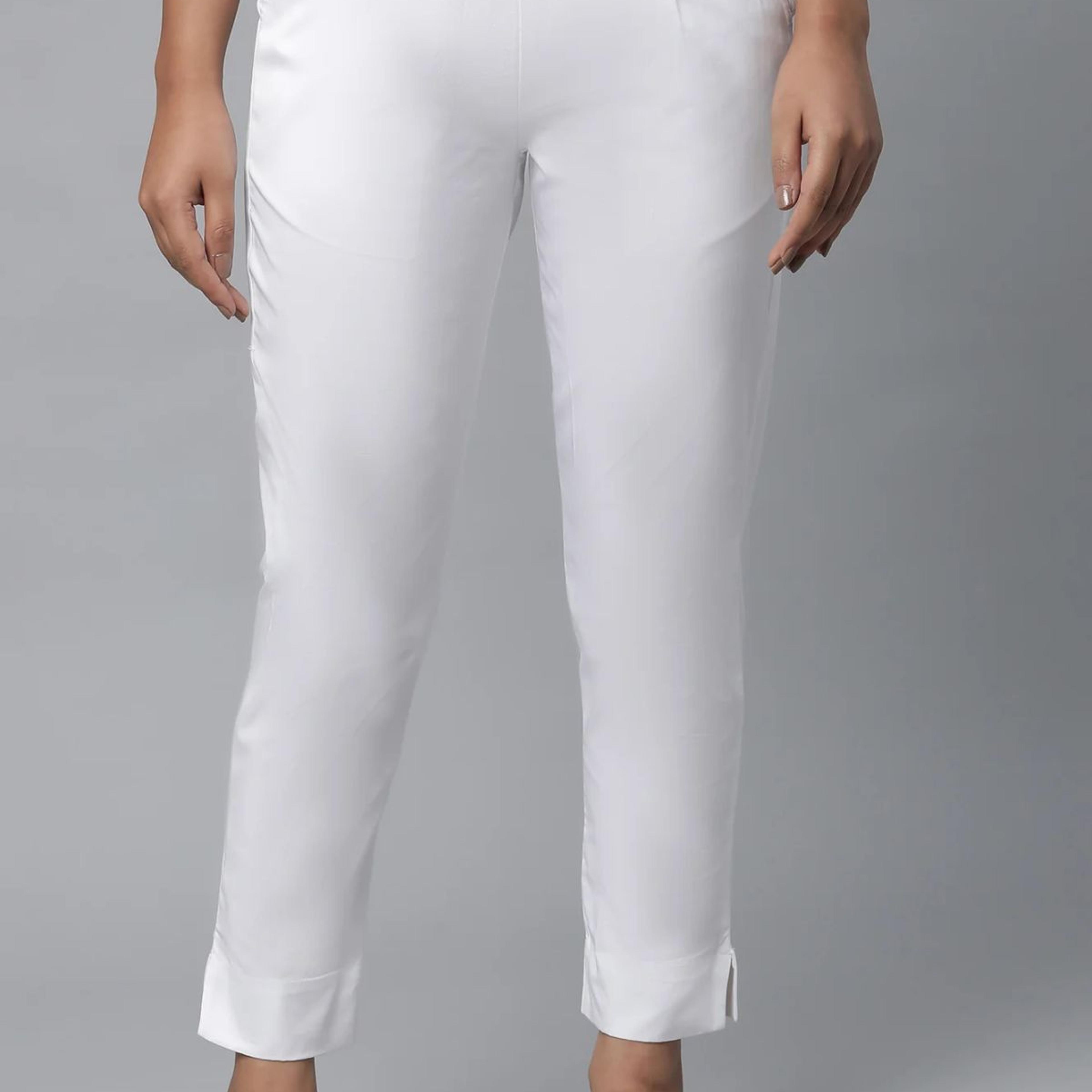 White Solid Straight Fit Cotton Pants With Elasticated Waist
